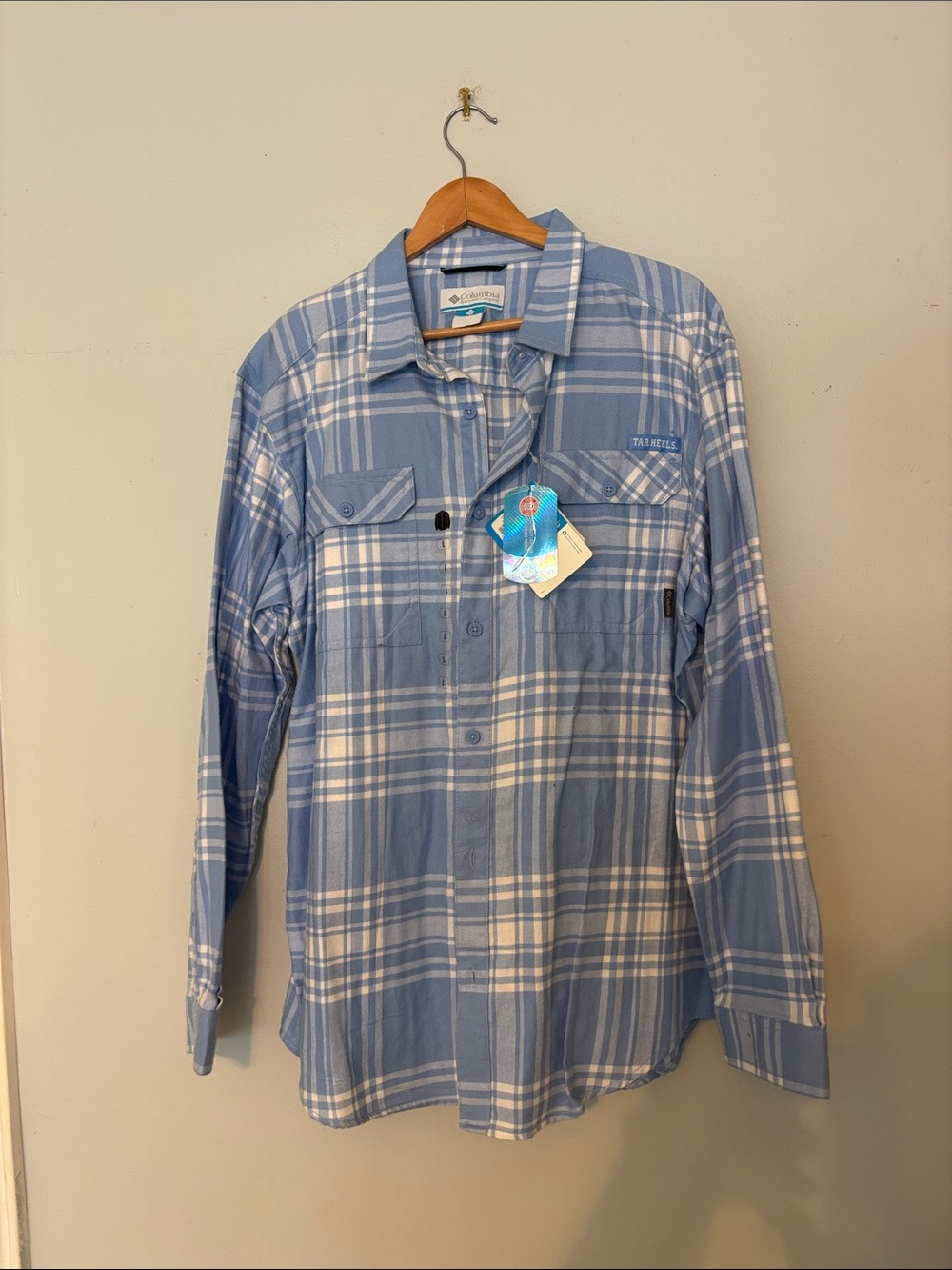 Columbia Light Blue and White Plaid Button-Down Shirt